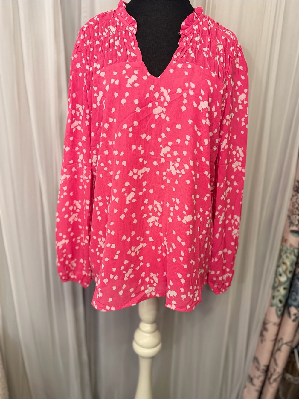 💕 DOKOTOO Pink & White Ruffle Neck Blouse — Size M